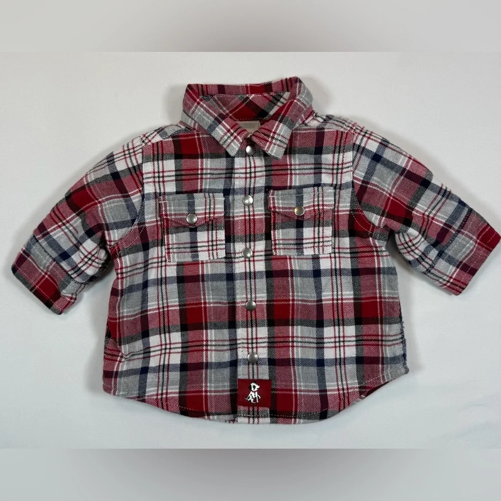 GYMBOREE Baby‎ Boys’ Red Fleece Lined Plaid Dalmatian Patch Flannel Shirt 0-3M